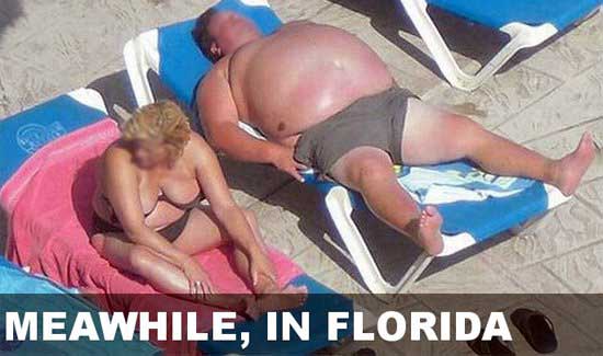 Very fat man and woman taking a sun bath